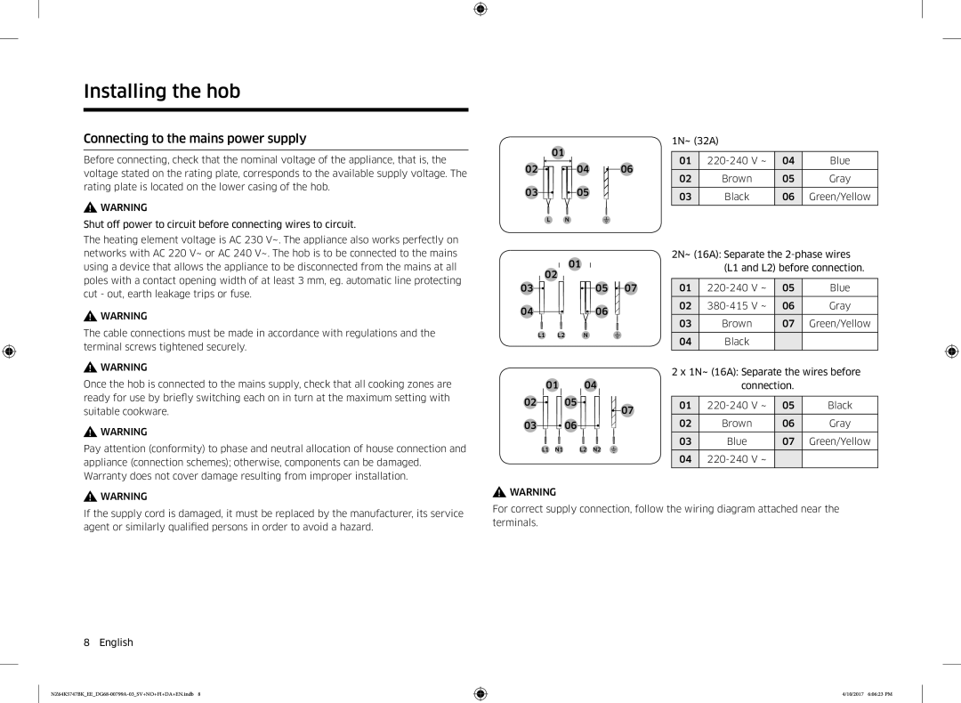 Samsung NZ64K5747BK/EE manual Connecting to the mains power supply 