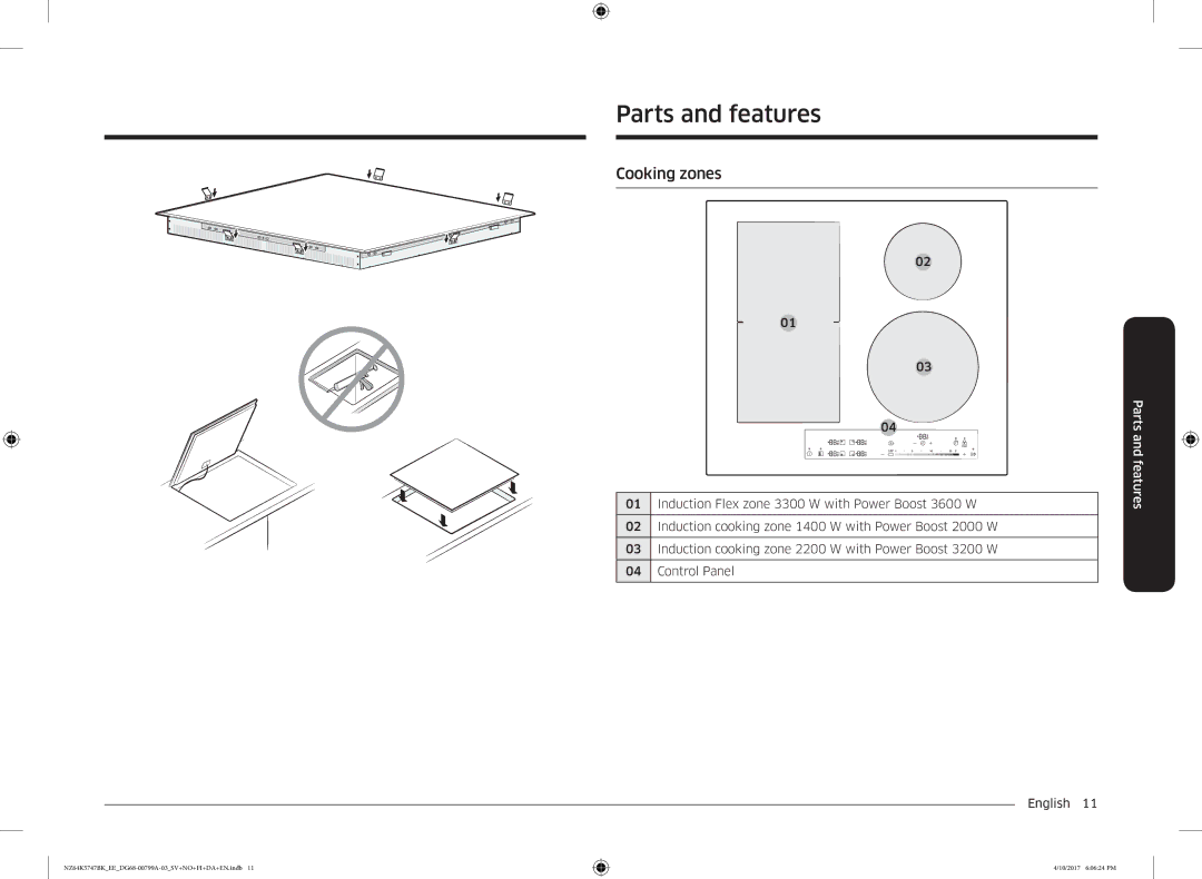 Samsung NZ64K5747BK/EE manual Parts and features, Cooking zones 