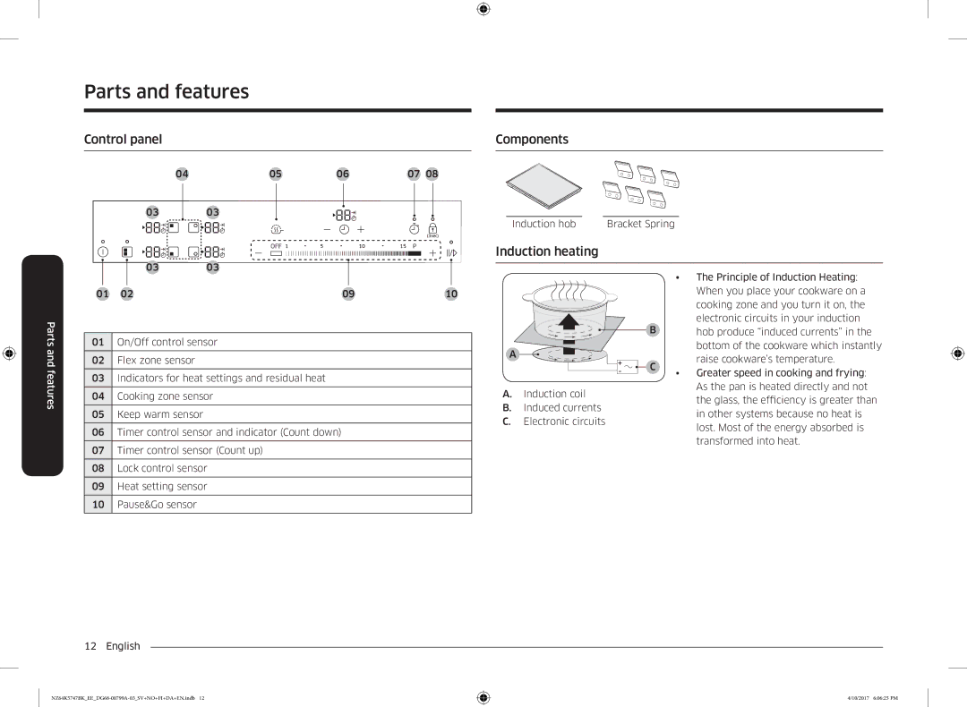 Samsung NZ64K5747BK/EE manual Control panel Components, Induction heating 