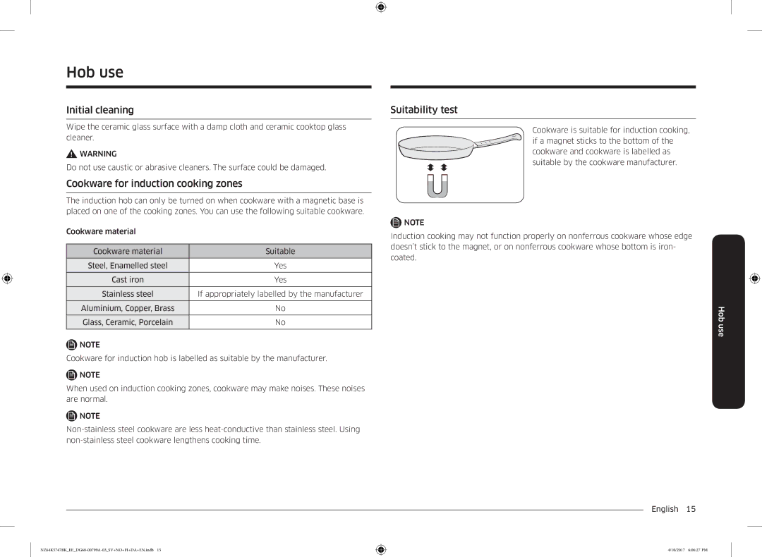 Samsung NZ64K5747BK/EE manual Hob use, Initial cleaning, Cookware for induction cooking zones, Suitability test 