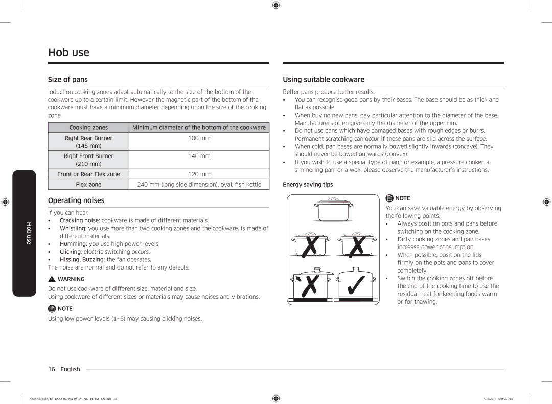 Samsung NZ64K5747BK/EE manual Size of pans, Operating noises, Using suitable cookware 