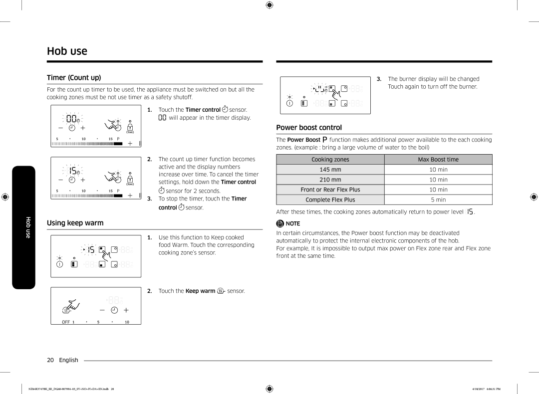 Samsung NZ64K5747BK/EE manual Timer Count up, Using keep warm, Power boost control 