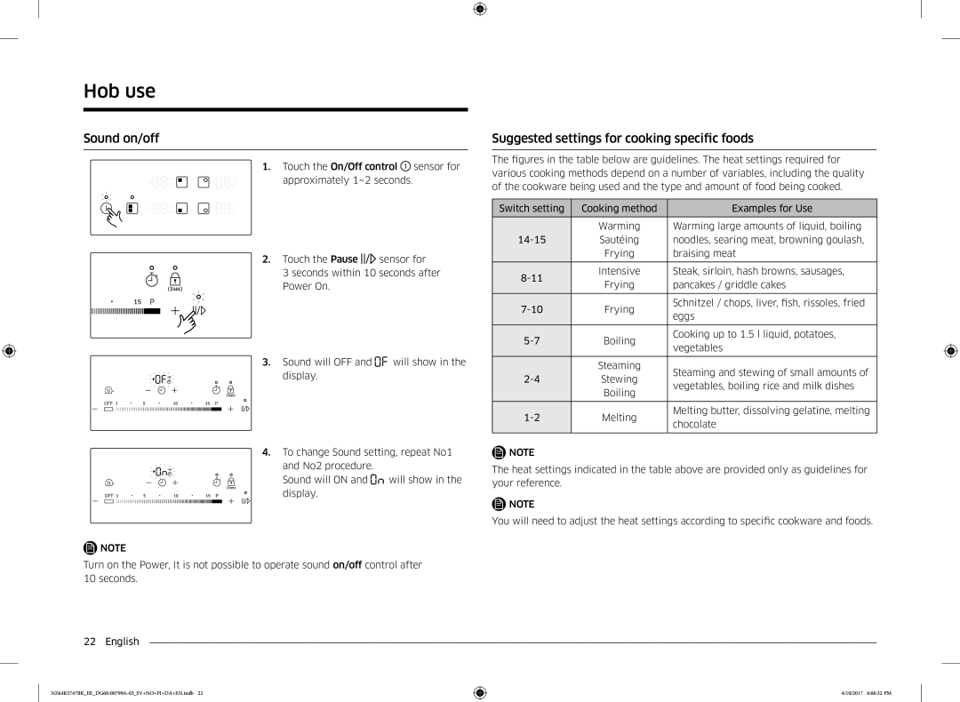 Samsung NZ64K5747BK/EE manual Sound on/off, Suggested settings for cooking specific foods 