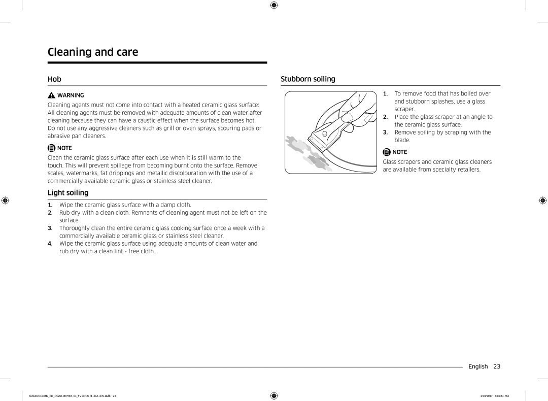 Samsung NZ64K5747BK/EE manual Cleaning and care, Hob Stubborn soiling, Light soiling 