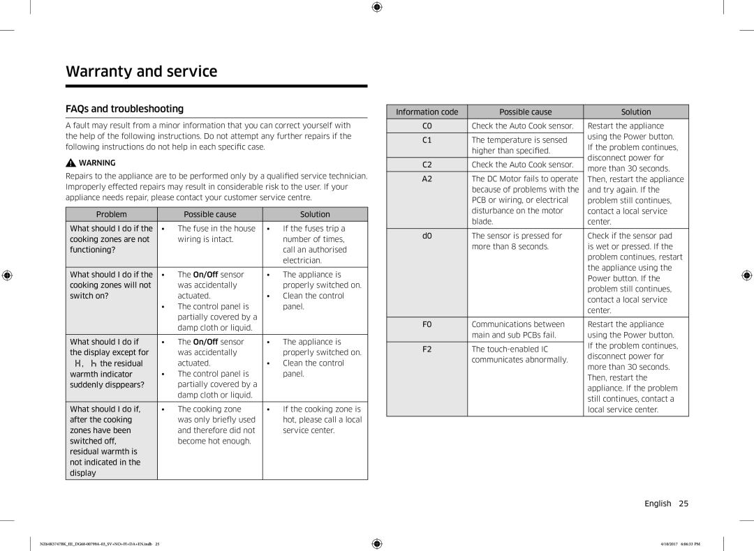 Samsung NZ64K5747BK/EE manual Warranty and service, FAQs and troubleshooting 