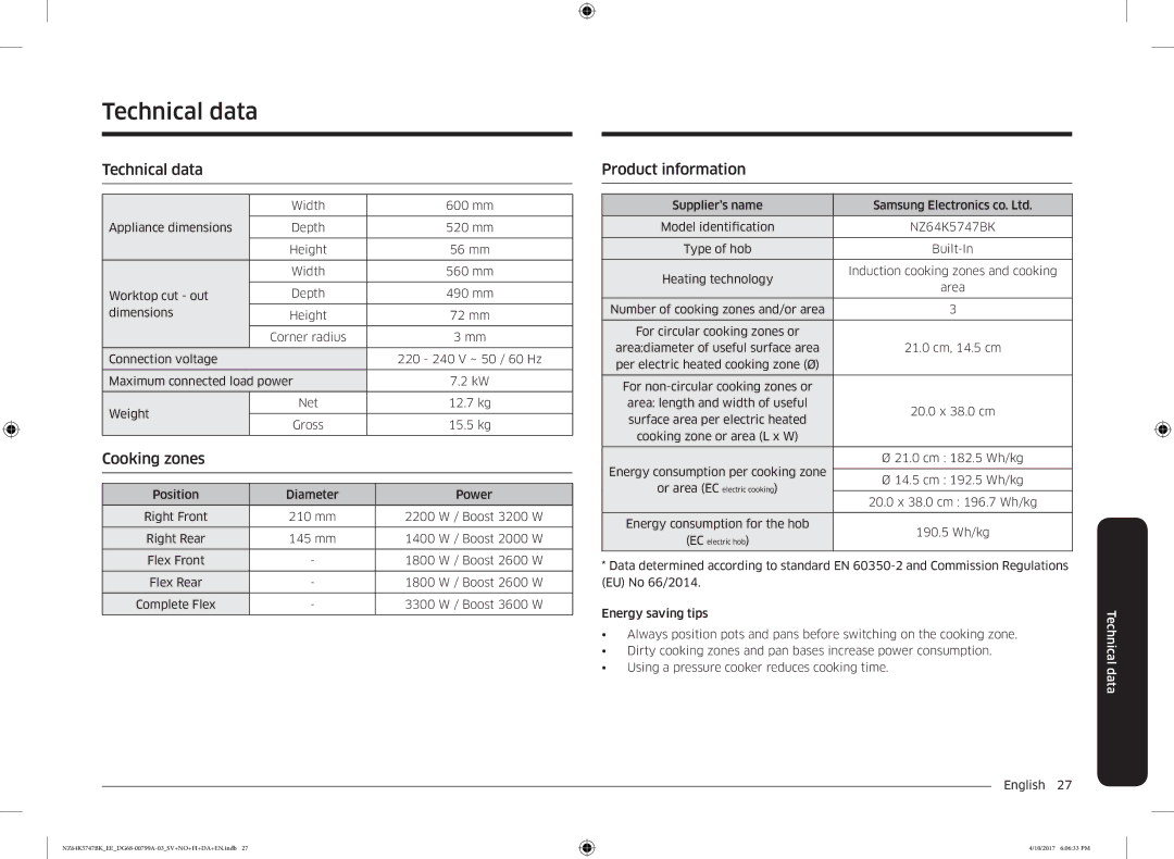 Samsung NZ64K5747BK/EE manual Technical data, Product information 