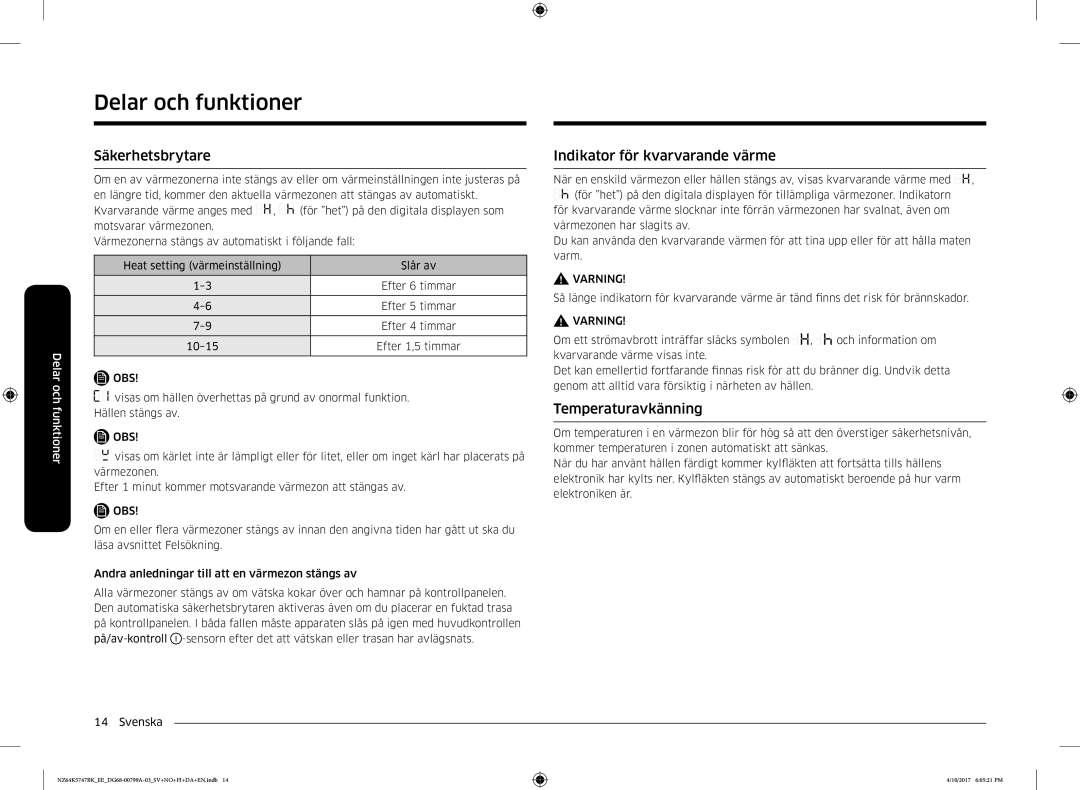 Samsung NZ64K5747BK/EE manual Säkerhetsbrytare, Indikator för kvarvarande värme, Temperaturavkänning 