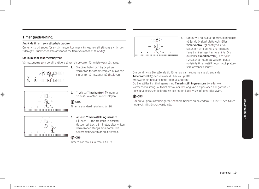 Samsung NZ64K5747BK/EE manual Timer nedräkning, Obs 