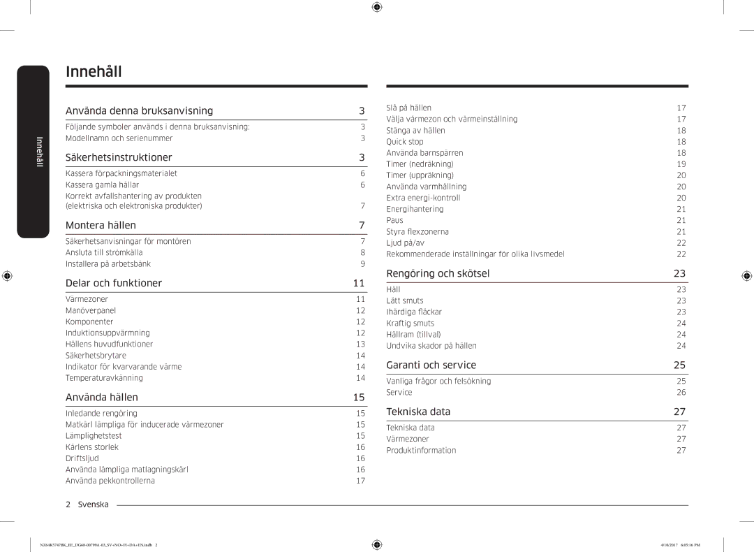 Samsung NZ64K5747BK/EE manual Innehåll 