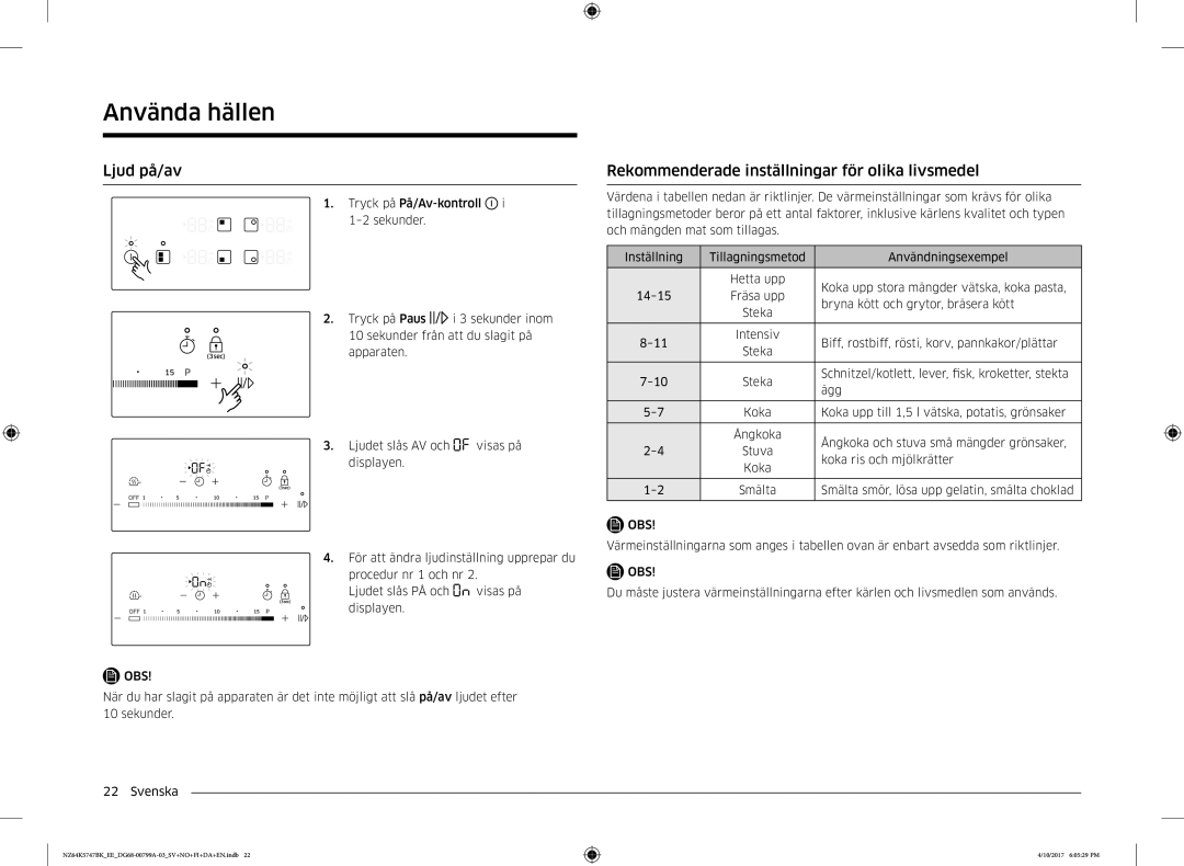 Samsung NZ64K5747BK/EE manual Ljud på/av, Rekommenderade inställningar för olika livsmedel 