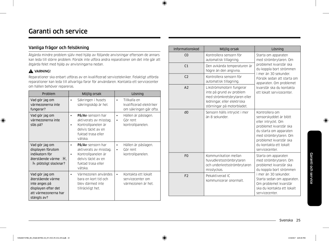 Samsung NZ64K5747BK/EE manual Garanti och service, Vanliga frågor och felsökning 