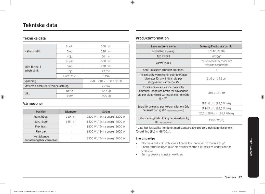 Samsung NZ64K5747BK/EE manual Tekniska data, Produktinformation 