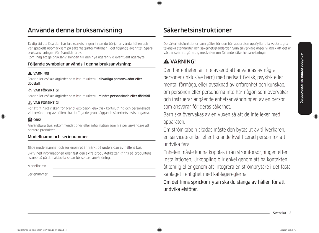 Samsung NZ64K5747BK/EE manual Använda denna bruksanvisning, Säkerhetsinstruktioner, Modellnamn och serienummer 