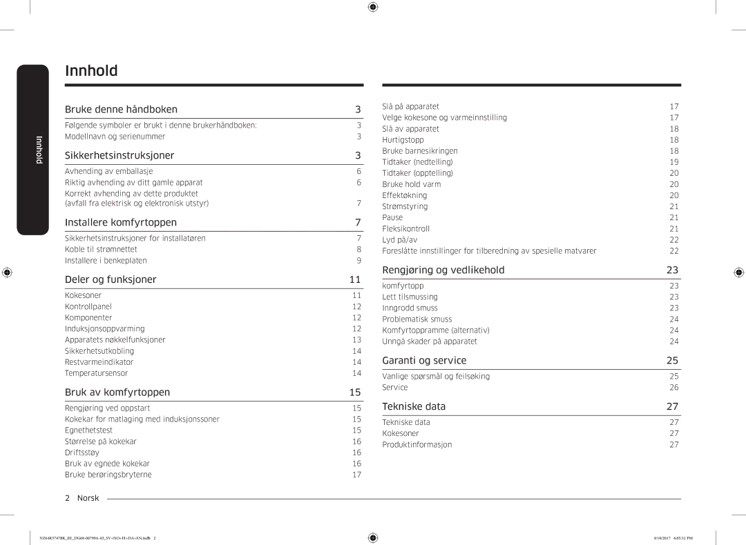 Samsung NZ64K5747BK/EE manual Innhold 