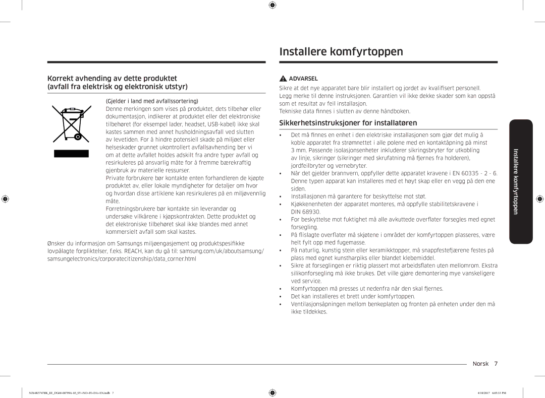 Samsung NZ64K5747BK/EE manual Installere komfyrtoppen, Sikkerhetsinstruksjoner for installatøren 