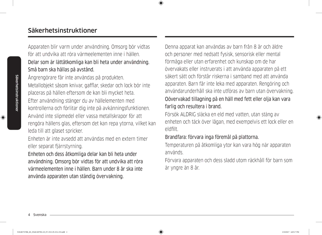 Samsung NZ64K5747BK/EE manual Säkerhetsinstruktioner 