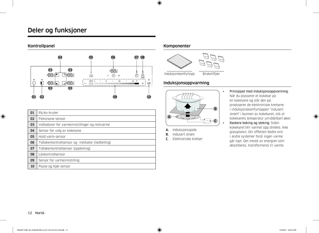 Samsung NZ64K5747BK/EE manual Kontrollpanel, Induksjonsoppvarming 