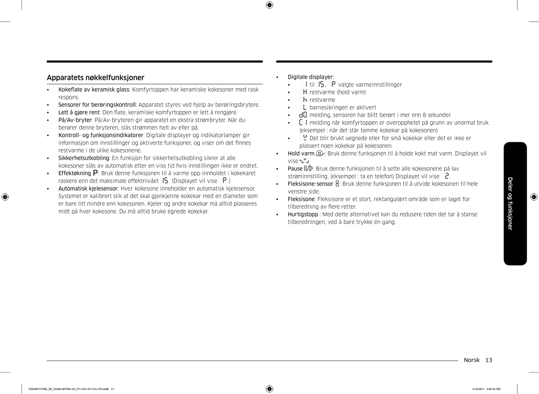 Samsung NZ64K5747BK/EE manual Apparatets nøkkelfunksjoner 