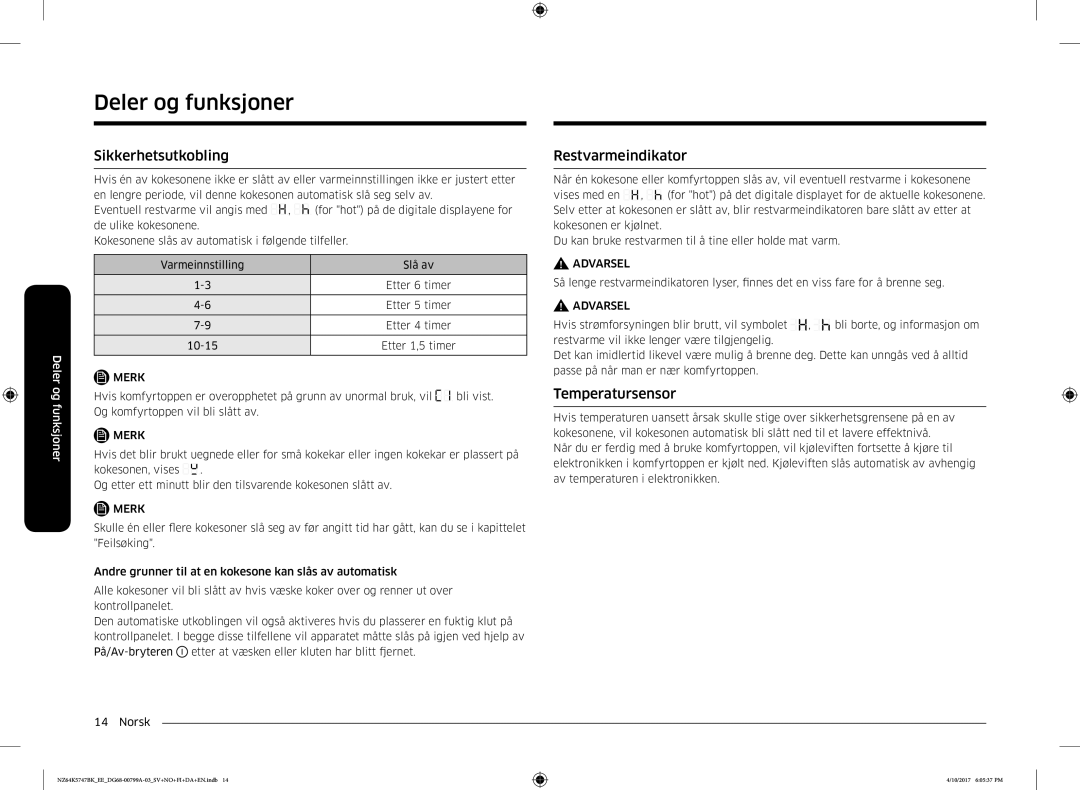 Samsung NZ64K5747BK/EE manual Sikkerhetsutkobling, Restvarmeindikator, Temperatursensor 