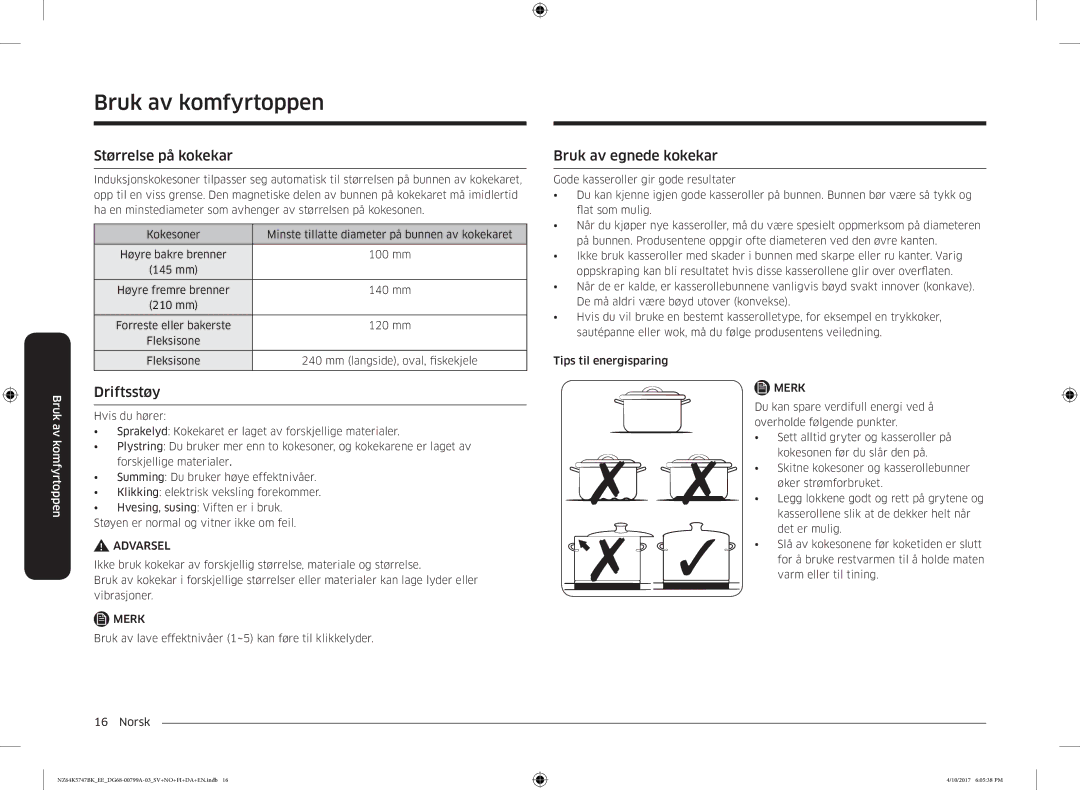 Samsung NZ64K5747BK/EE manual Størrelse på kokekar, Driftsstøy, Bruk av egnede kokekar 