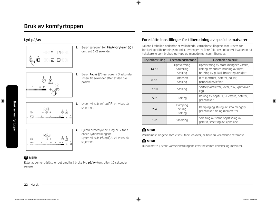 Samsung NZ64K5747BK/EE manual Lyd på/av 