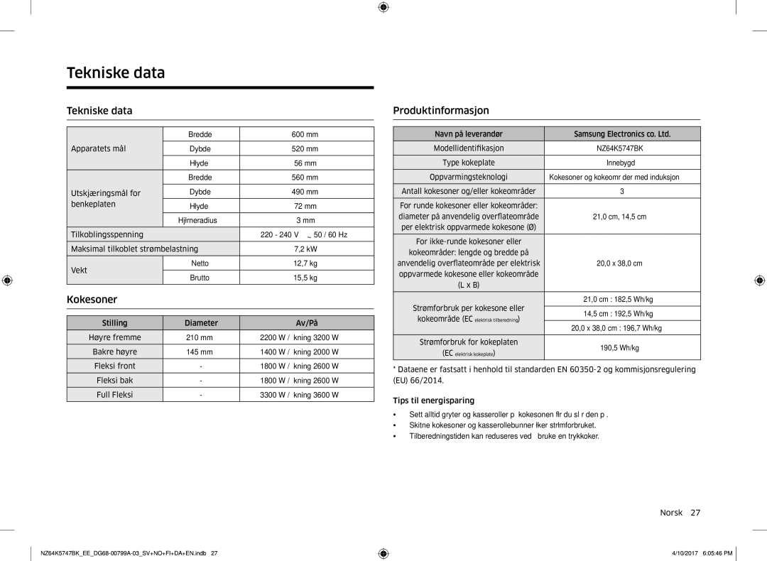 Samsung NZ64K5747BK/EE manual Tekniske data, Produktinformasjon 