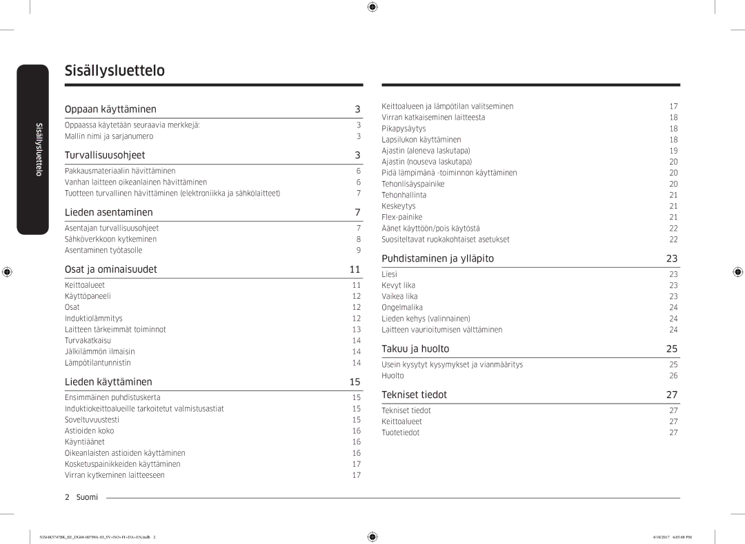 Samsung NZ64K5747BK/EE manual Sisällysluettelo 