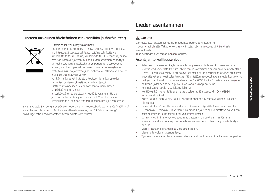 Samsung NZ64K5747BK/EE manual Lieden asentaminen, Asentajan turvallisuusohjeet 