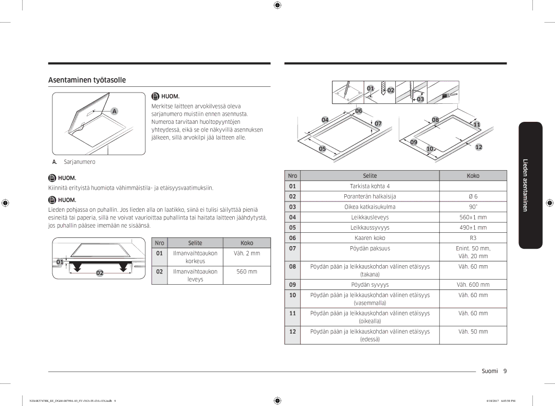 Samsung NZ64K5747BK/EE manual Asentaminen työtasolle, Enint mm 