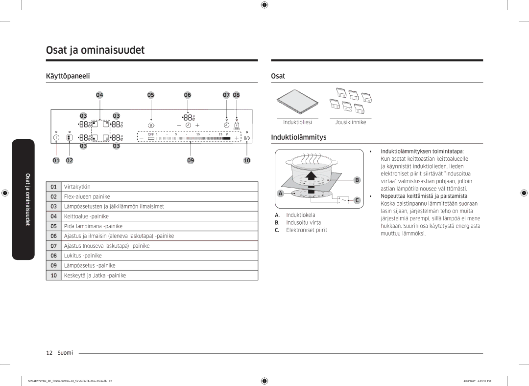 Samsung NZ64K5747BK/EE manual Käyttöpaneeli Osat, Induktiolämmitys 