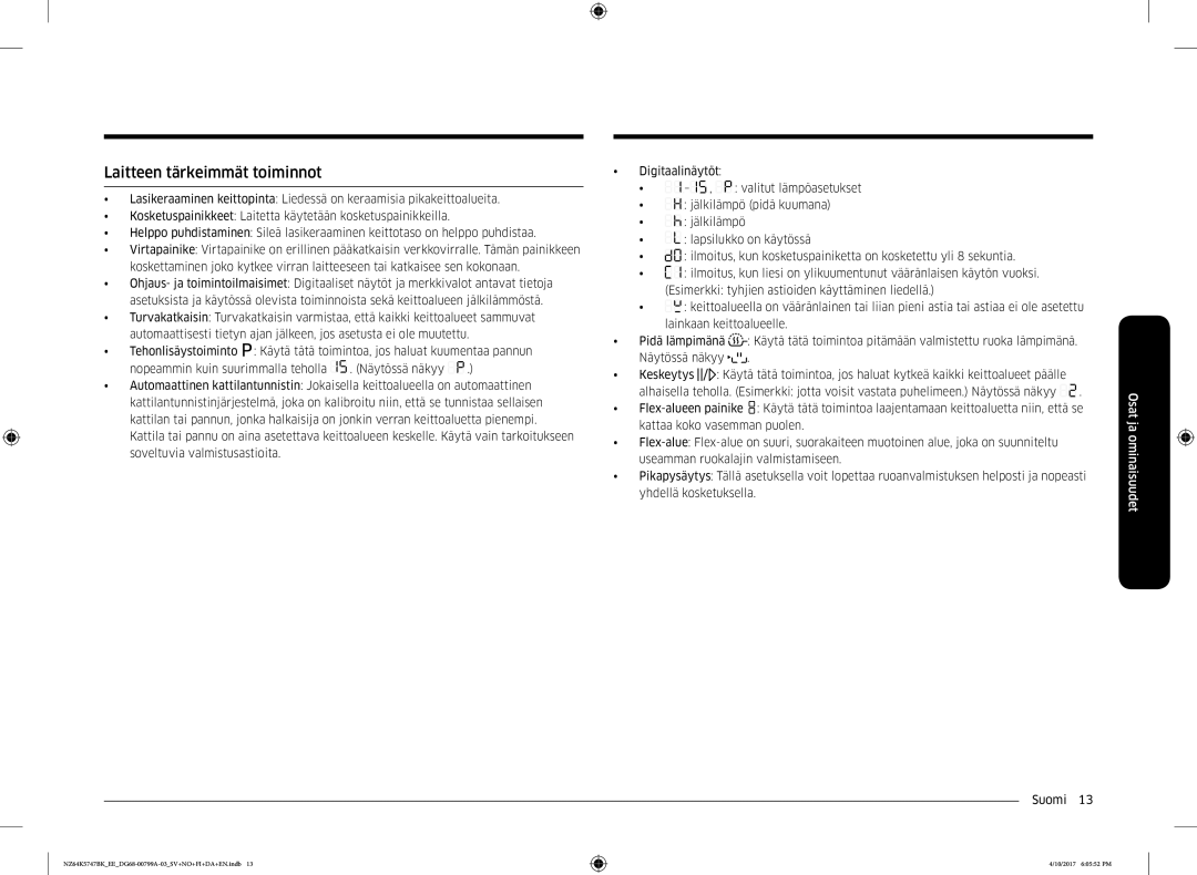 Samsung NZ64K5747BK/EE manual Laitteen tärkeimmät toiminnot 