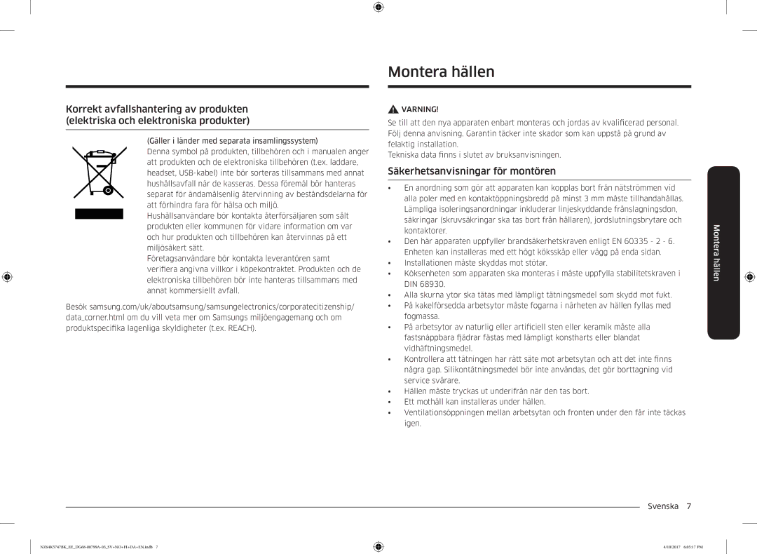 Samsung NZ64K5747BK/EE manual Montera hällen, Säkerhetsanvisningar för montören 