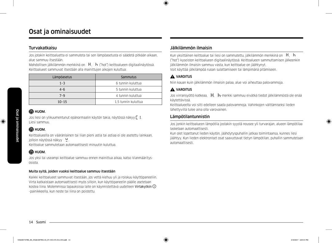 Samsung NZ64K5747BK/EE manual Turvakatkaisu, Jälkilämmön ilmaisin, Lämpötilantunnistin 