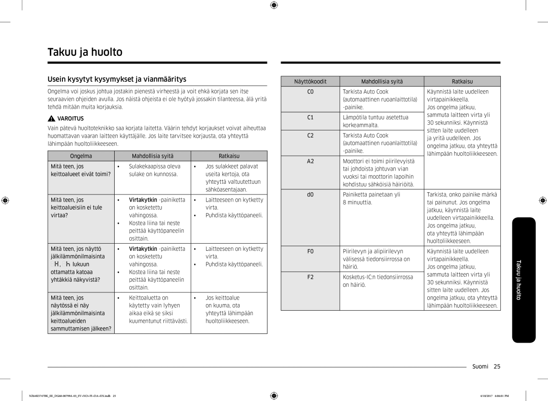 Samsung NZ64K5747BK/EE manual Takuu ja huolto, Usein kysytyt kysymykset ja vianmääritys 