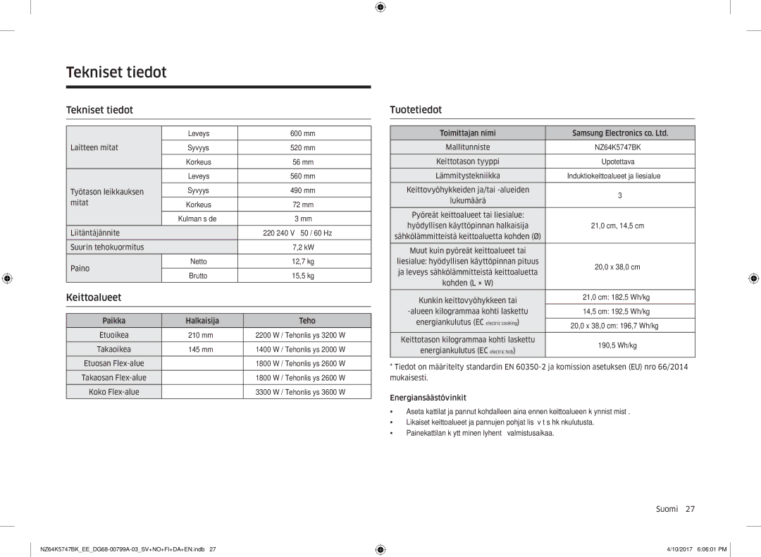 Samsung NZ64K5747BK/EE manual Tekniset tiedot, Tuotetiedot 