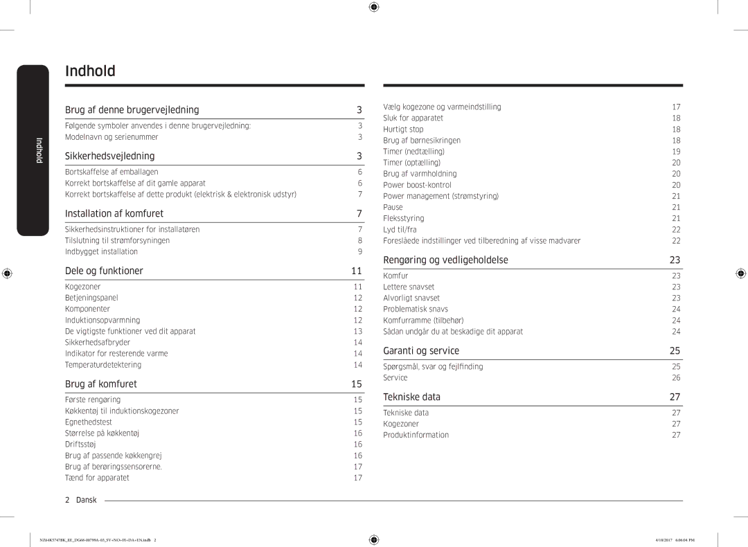 Samsung NZ64K5747BK/EE manual Indhold 