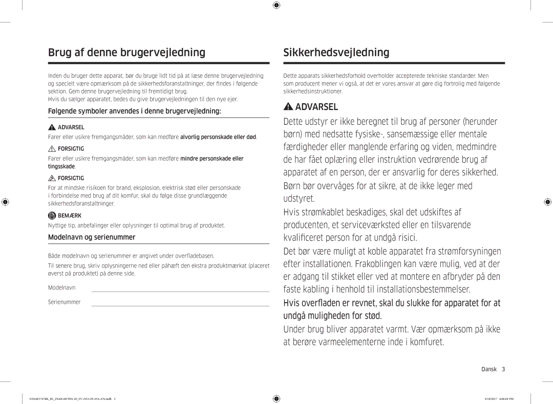 Samsung NZ64K5747BK/EE manual Brug af denne brugervejledning, Sikkerhedsvejledning, Modelnavn og serienummer 