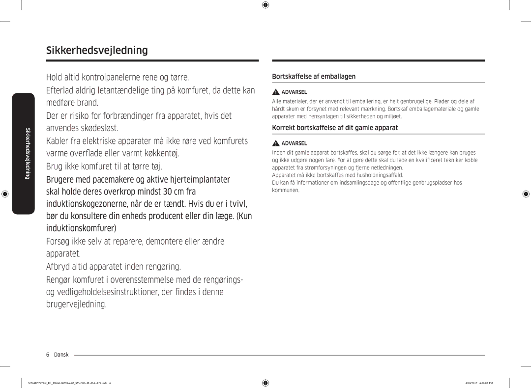 Samsung NZ64K5747BK/EE manual Bortskaffelse af emballagen, Korrekt bortskaffelse af dit gamle apparat 