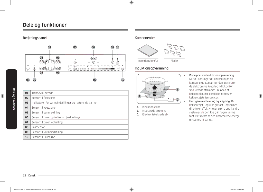 Samsung NZ64K5747BK/EE manual Betjeningspanel, Induktionsopvarmning 