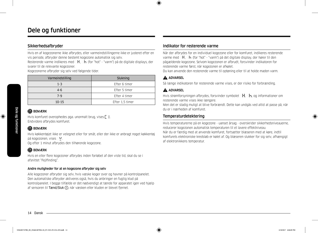 Samsung NZ64K5747BK/EE manual Sikkerhedsafbryder, Indikator for resterende varme, Temperaturdetektering 