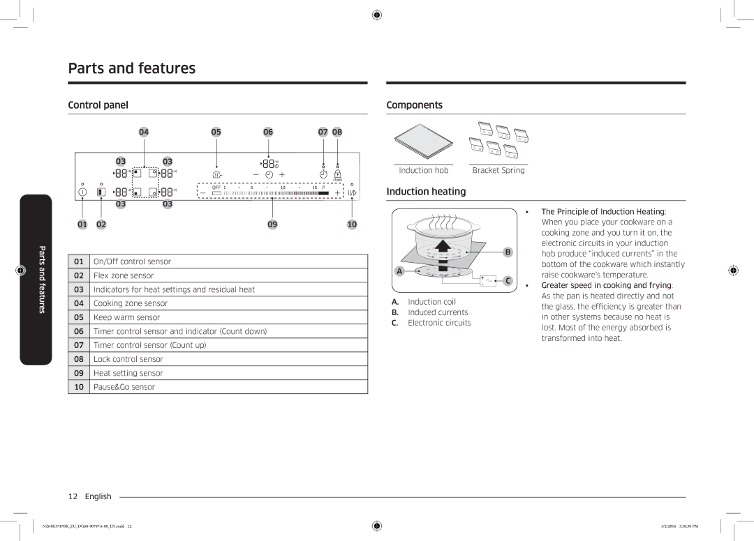 Samsung NZ64K5747BK/EG, NZ64K5747BK/EF manual Control panel Components, Induction heating 