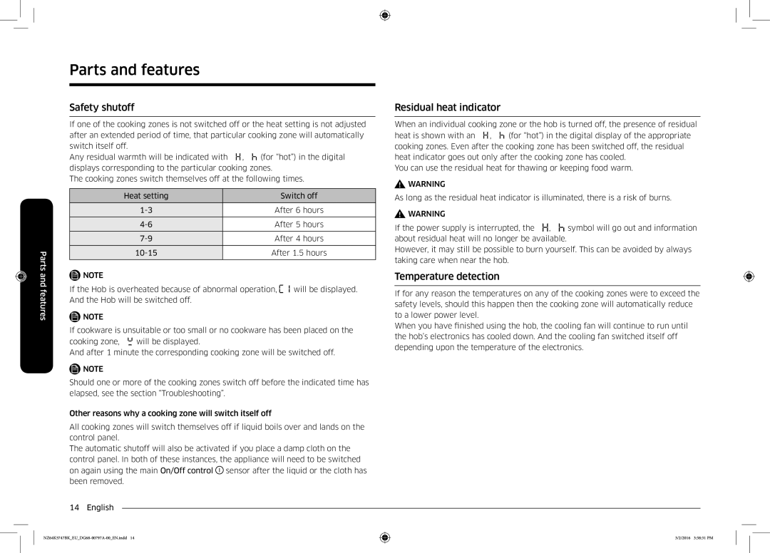 Samsung NZ64K5747BK/EG, NZ64K5747BK/EF manual Safety shutoff, Residual heat indicator, Temperature detection 