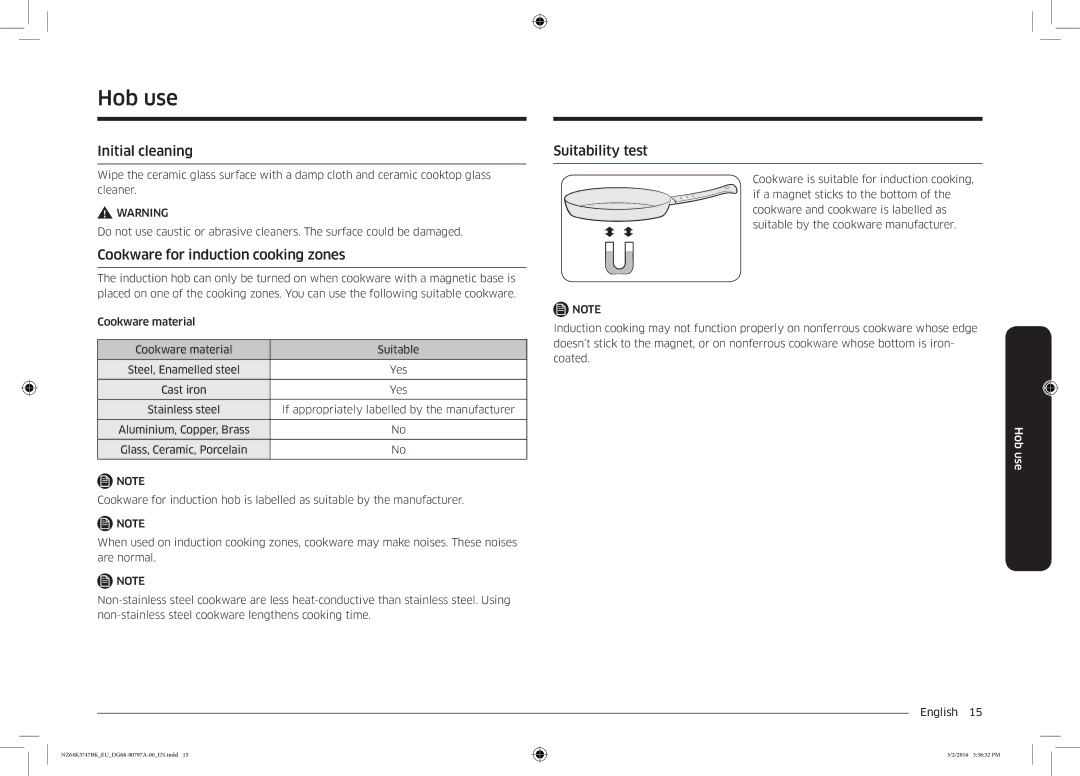 Samsung NZ64K5747BK/EF, NZ64K5747BK/EG Hob use, Initial cleaning, Cookware for induction cooking zones, Suitability test 