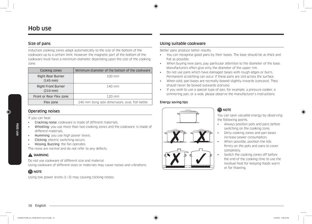 Samsung NZ64K5747BK/EG, NZ64K5747BK/EF manual Size of pans, Operating noises, Using suitable cookware 