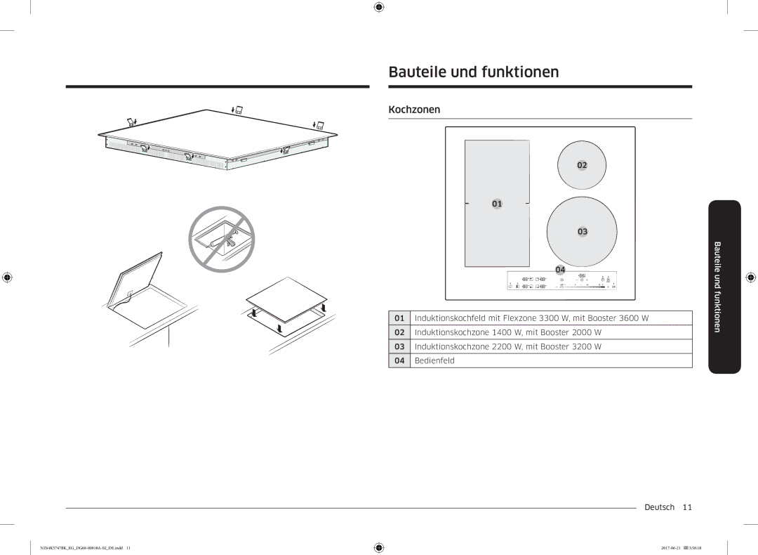 Samsung NZ64K5747BK/EG manual Bauteile und funktionen, Kochzonen 