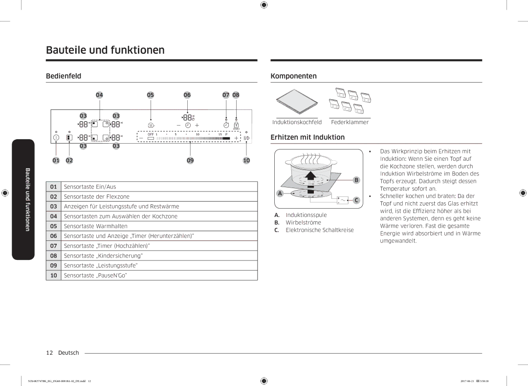 Samsung NZ64K5747BK/EG manual Bedienfeld, Komponenten, Erhitzen mit Induktion 