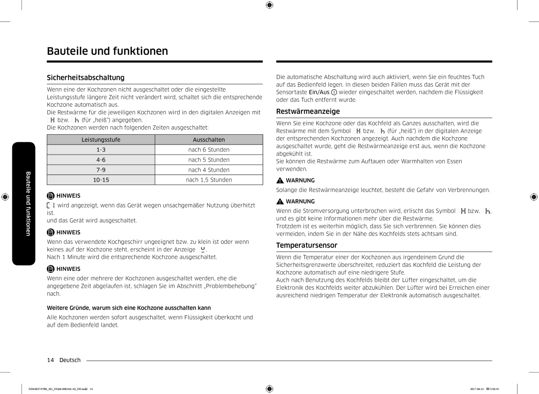 Samsung NZ64K5747BK/EG manual Sicherheitsabschaltung, Restwärmeanzeige, Temperatursensor 