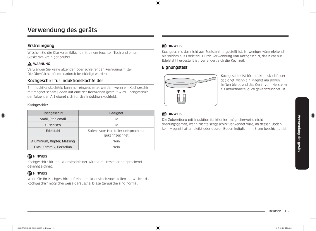 Samsung NZ64K5747BK/EG manual Verwendung des geräts, Erstreinigung, Kochgeschirr für induktionskochfelder, Eignungstest 