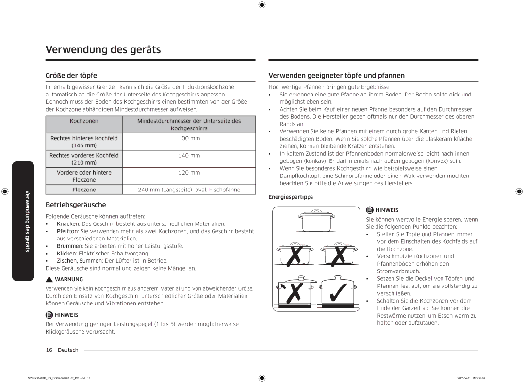 Samsung NZ64K5747BK/EG manual Größe der töpfe, Betriebsgeräusche, Verwenden geeigneter töpfe und pfannen 