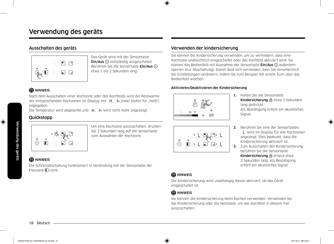 Samsung NZ64K5747BK/EG manual Ausschalten des geräts, Quickstopp, Verwenden der kindersicherung 